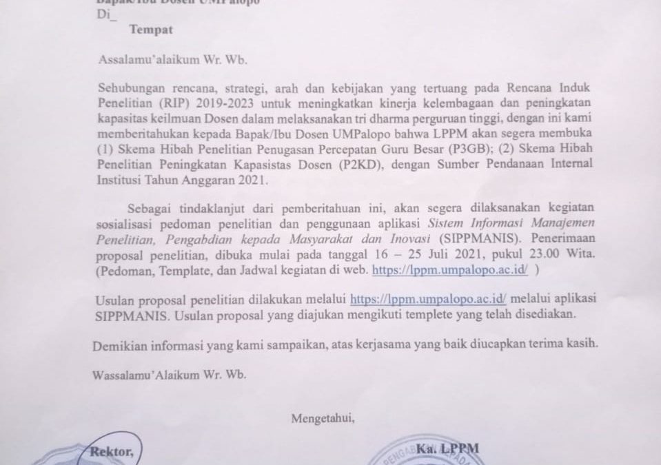 Pemberitahuan Hibah Penelitian Internal